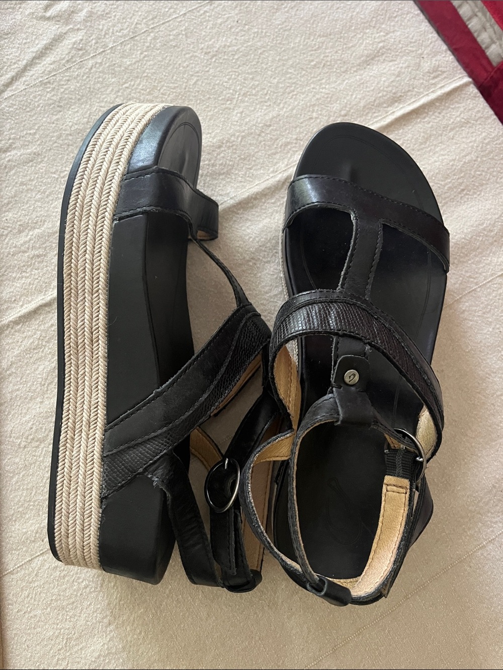 OluKai Black Rope-Wrap Wedge Sandals